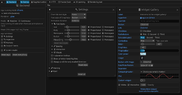 Customization options in the egui demo